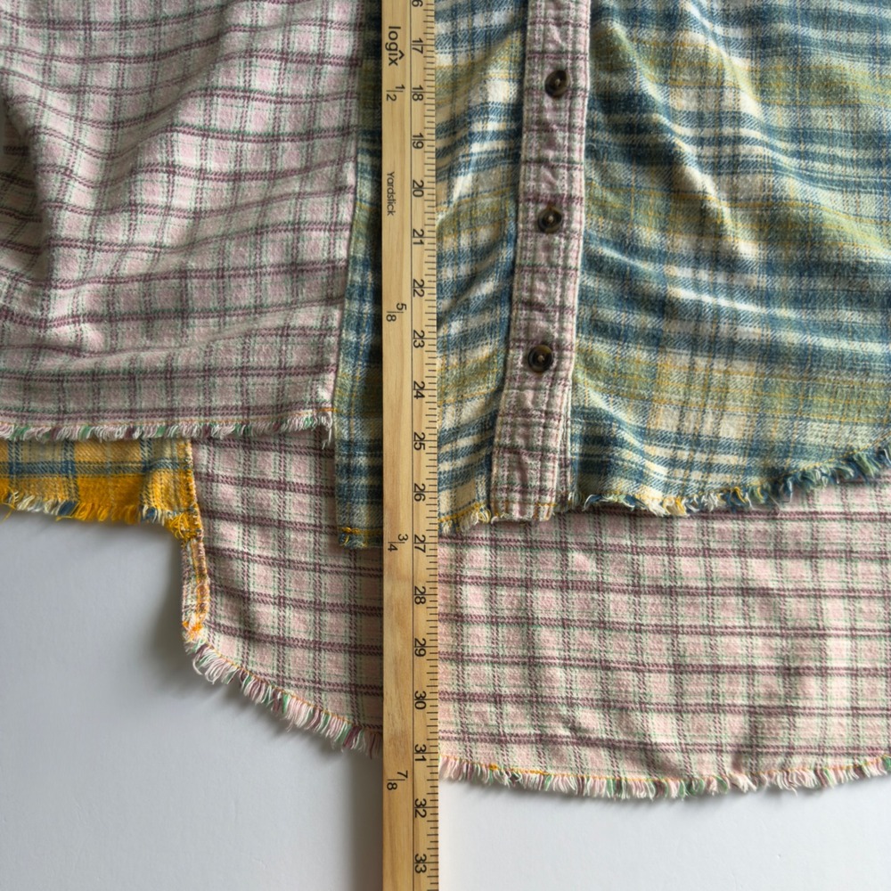 BDG Mixed Plaid Patchwork Oversized Flannel Shirt Womens Medium Yellow Pink Boho - Picture 9 of 12